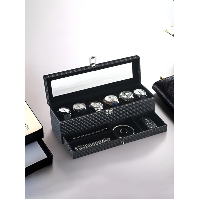 RUBOXA 6 Slot Black Wrist Watch Organiser Glass Top Closet Box