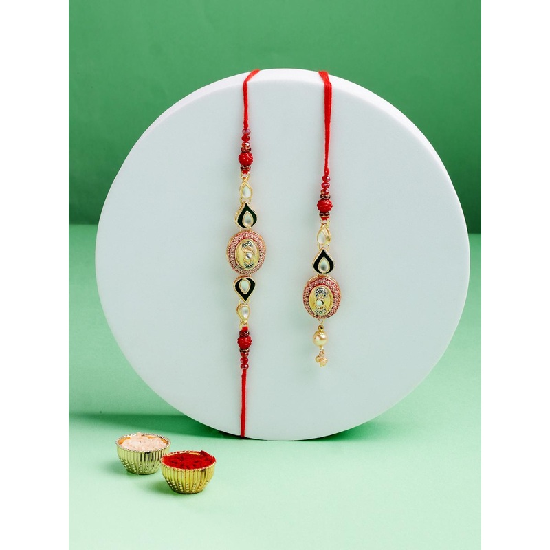 ADIVA Unisex Pack of 2 Thread Lumba Rakhi With Roli Chawal Chandan & Meshrei Card