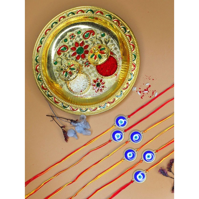 Anouk Set Of 6 Rakhi & Greeting Card With Pooja Thali
