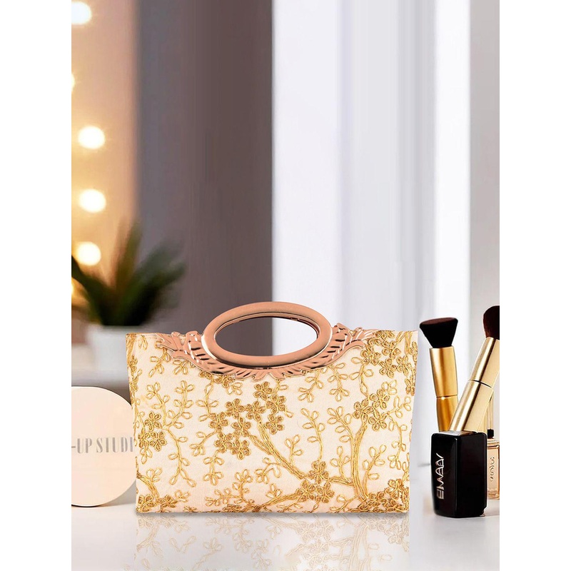 Kuber Industries Cream Polyester Floral Embroidered Hand Purse Clutch