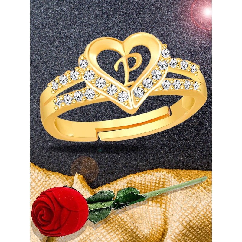 Lila Gold-Plated Studded With Alphabet P Heart Shaped Finger Ring