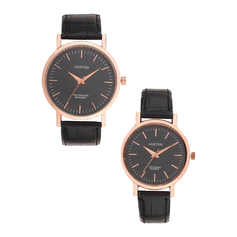 Sandy D Carter Round Dial Water Resistance Satinless Steel His & Her Watches -115PR-BK