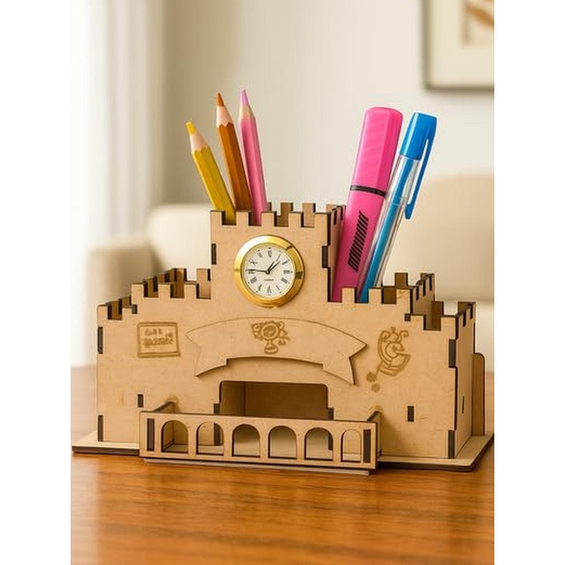 SOMIL Wooden Castle Design Pen Stand with Clock
