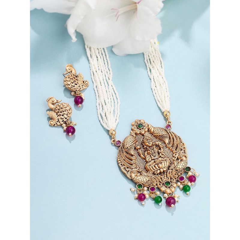 Yellow Chimes Gold Plated Stones Studded & Beaded Traditional Temple Jewellery Set