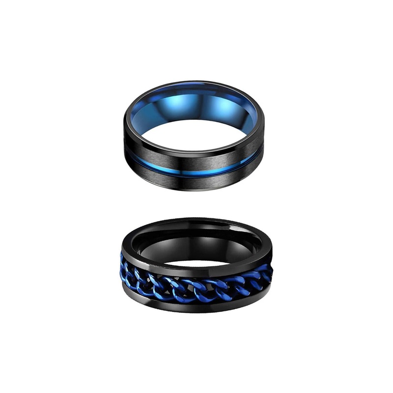 Yellow Chimes Men Set Of 2 Blue & Black Stainless Steel Band Finger Rings