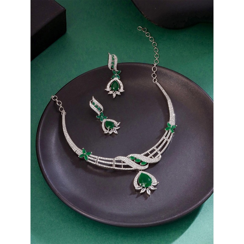 Yellow Chimes Rhodium Plated American Diamond Studded Jewellery Set