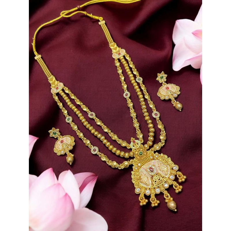 AADESH Gold-Plated Kundan-Studded & Beaded Rani Haar Jewellery Set