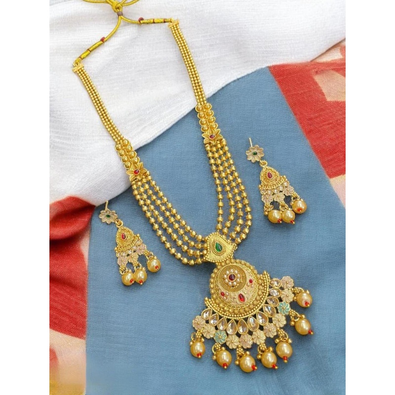AADESH Gold-Plated Stone-Studded & Beaded Jewellery Set