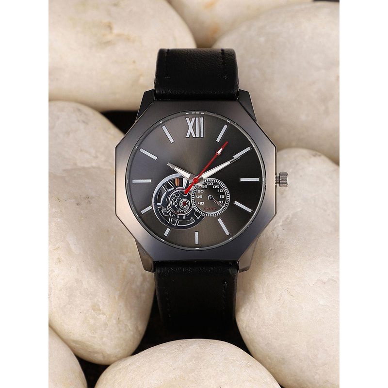 French Accent Men Embellished Dial & Leather Bracelet Style Straps Digital Watch SS25_FAWC1037