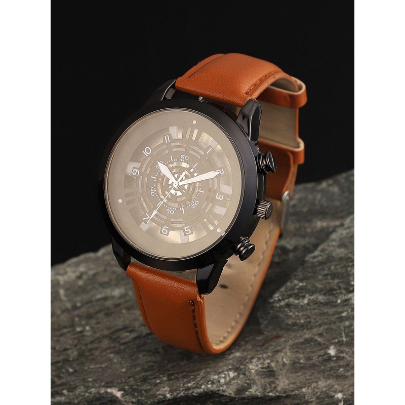 French Accent Men Embellished Dial & Leather Straps Analogue Watch SS25_FAWC1063