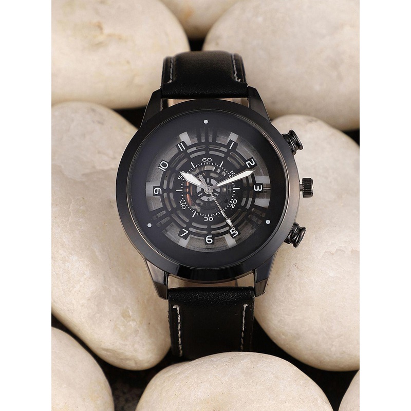French Accent Men Patterned Dial & Leather Straps Analogue and Digital Watch SS25_FAWC1065