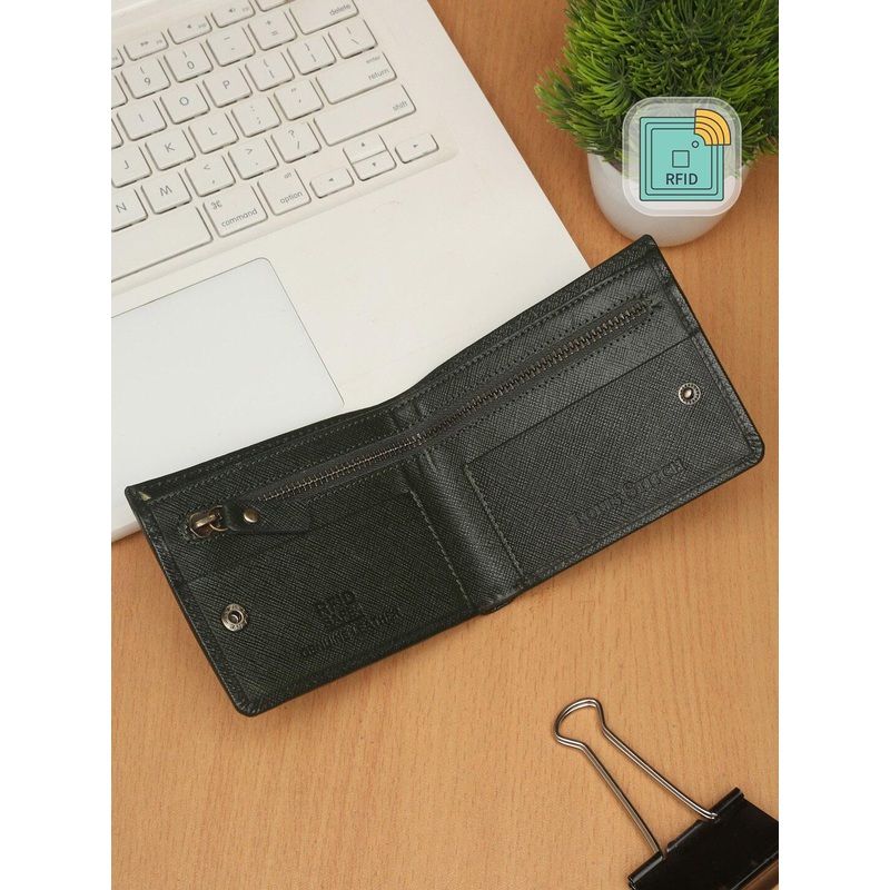 LOUIS STITCH Green Saffiano Leather Bifold Men’s Wallet with Zip Pocket and RFID Blocking