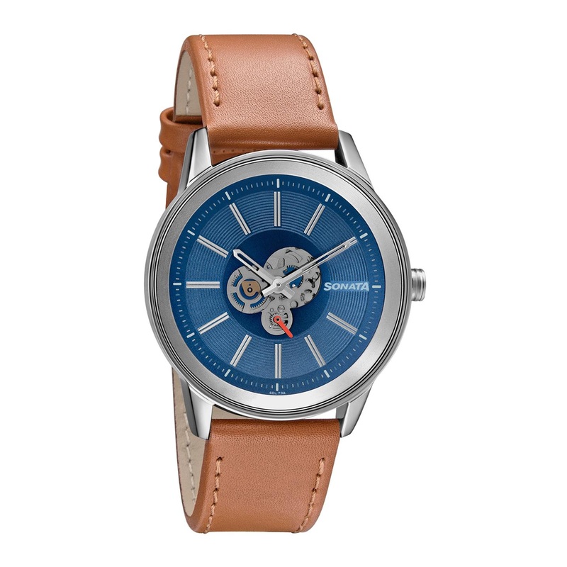 Sonata Men Blue Brass Skeleton Dial & Brown Leather Strap Analogue Watch 7133SL02