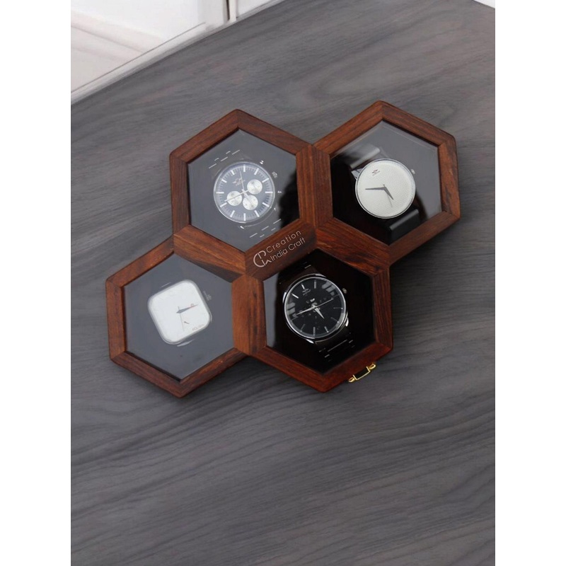 Creation India Craft Brown Wooden 4-Slot Vintage Watch Box