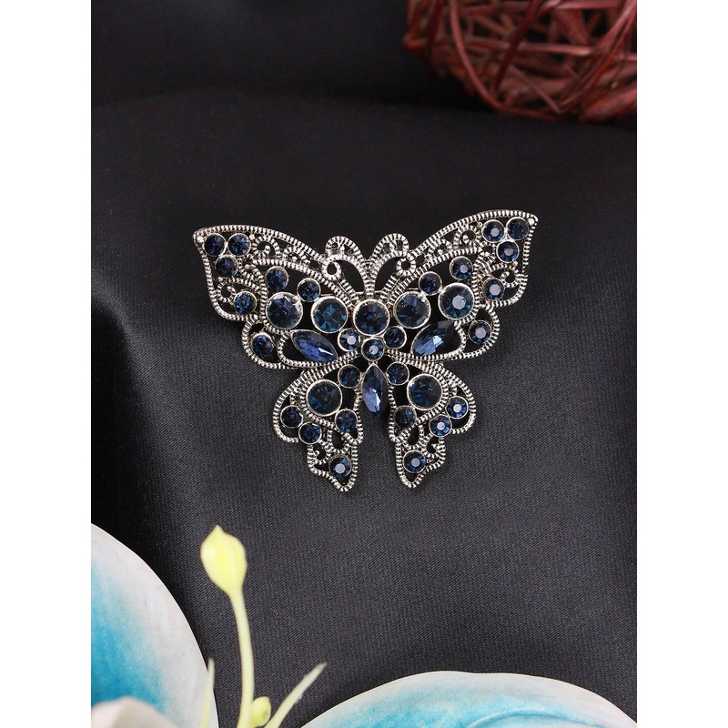Kavove Men Stone Studded Sapphire Wings Statement Brooch