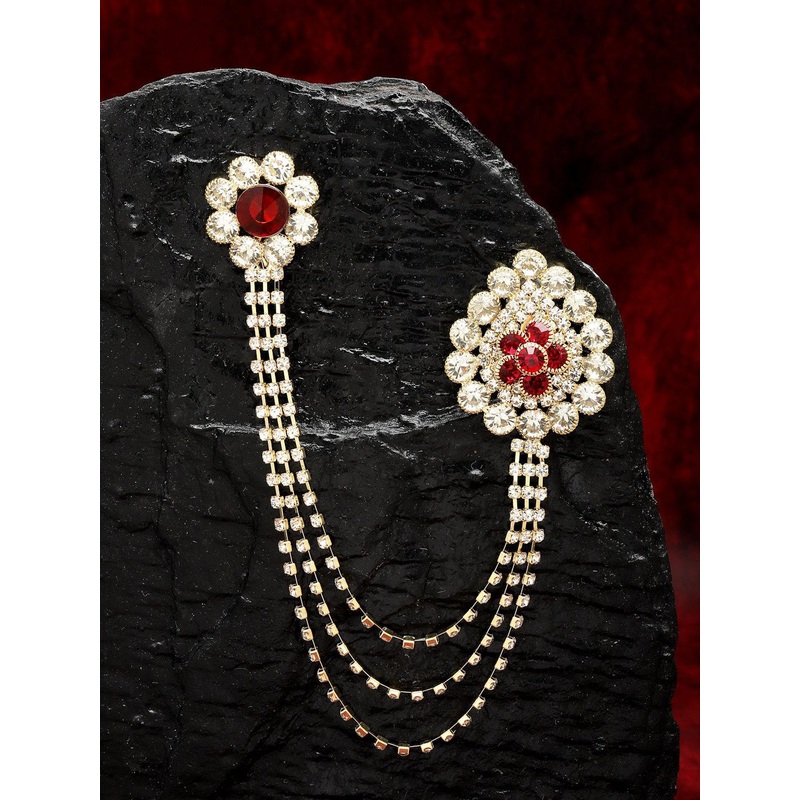 Sanjog Unisex Gold-Toned & Maroon &White Embellished American Diamond Layered Brooch Lapel Pin