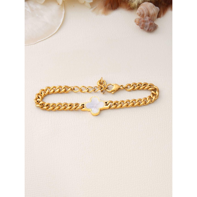 SWASHAA Men Stainless Steel Enamelled Gold-Plated Wraparound Clover Bracelet