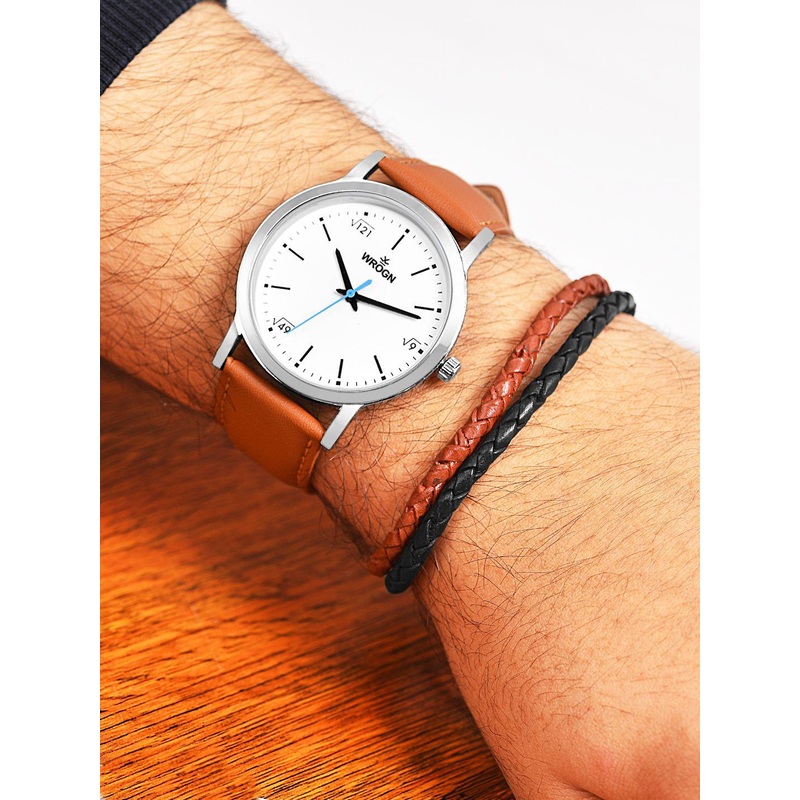 WROGN Men Textured Dial & Leather Straps Analogue Watch WRNWJ25 Set-44