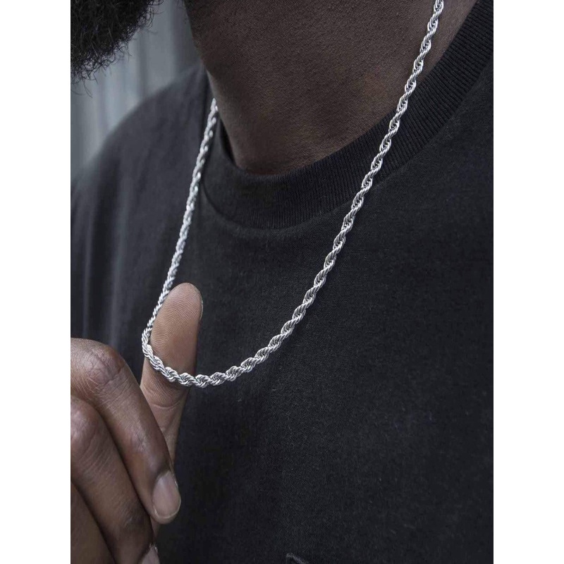 AQUASTREET Men 18K Rhodium Plated 3mm Antitarnish Waterproof Twisted Rope Chain Necklace