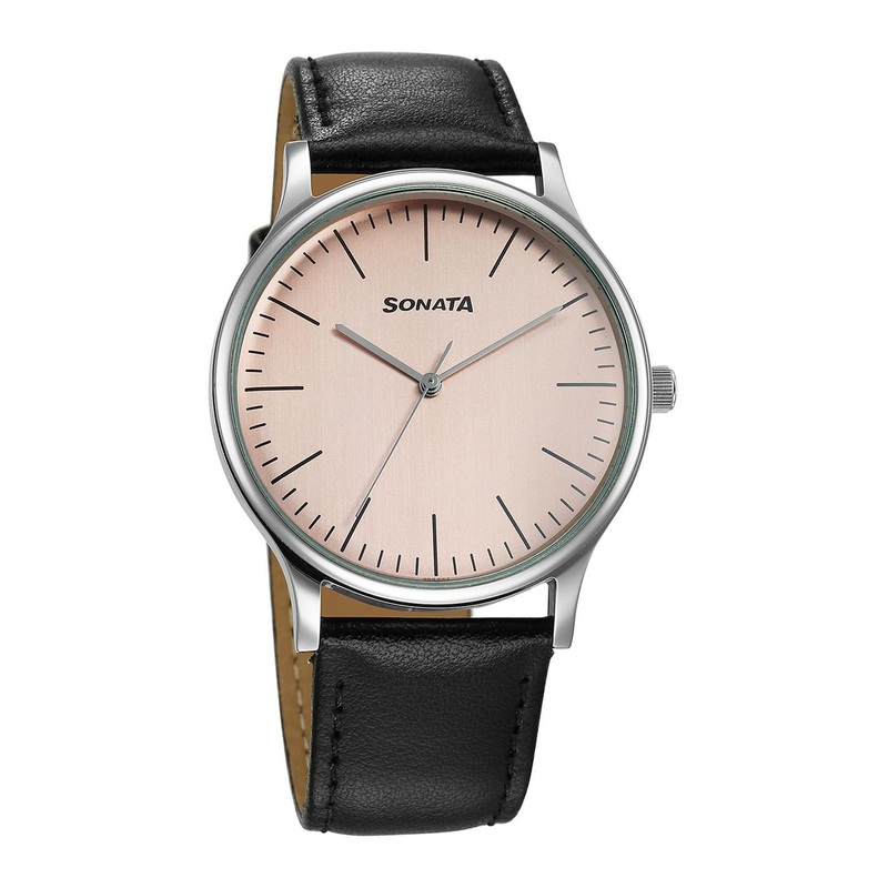 Sonata Men Brass Dial & Leather Straps Analogue Watch 77105SL20W