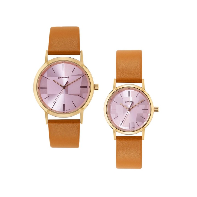 Sonata Unisex His and Her Watches Leather Analogue Watch 7712787046YL01P