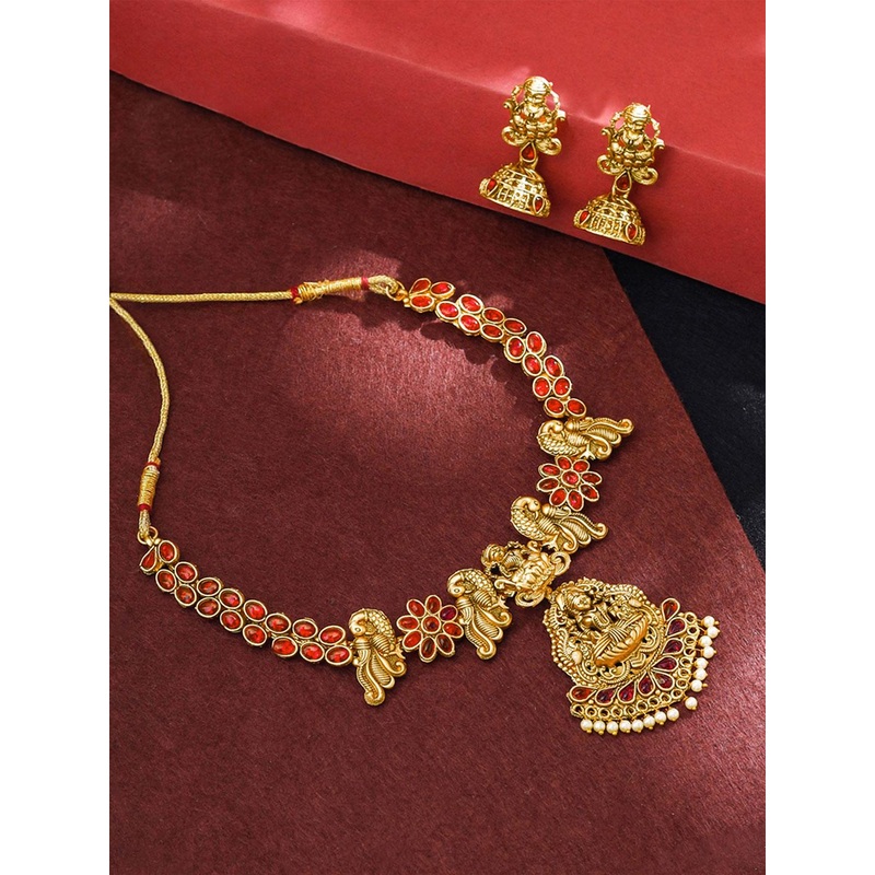 Yellow Chimes Gold Plated Stone Studded & Beaded Jewellery Set
