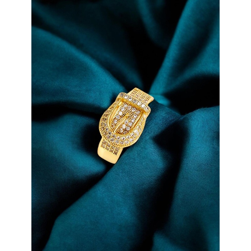 LUCKY JEWELLERY 18k Gold-Plated Artificial Stones-Studded Adjustable Finger Ring