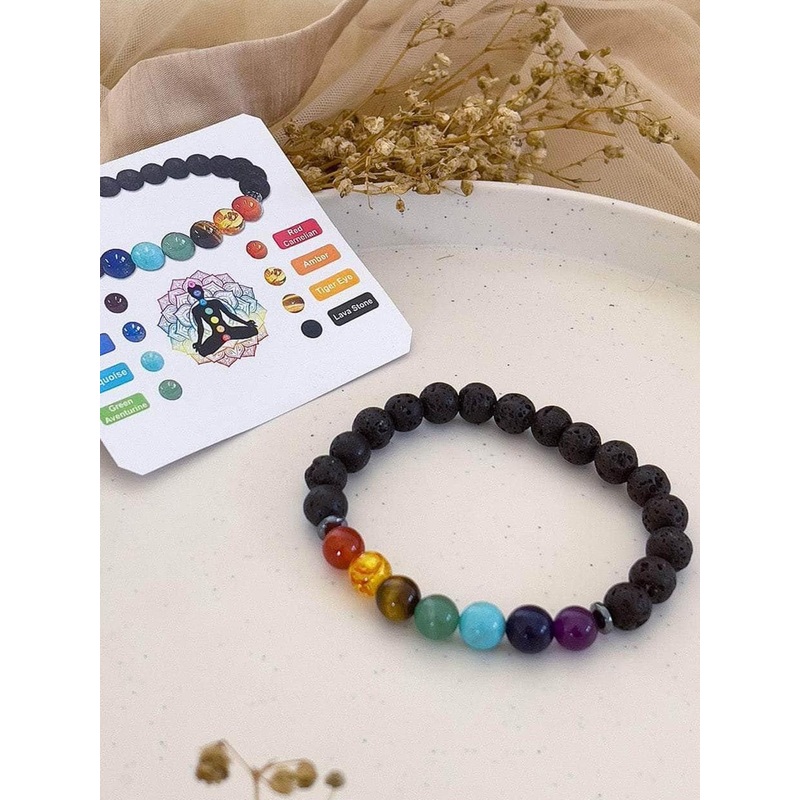 P. R. PRINTS Unisex Stainless Steel 7 Chakra Lava Stone Crystal Wraparound Bracelet