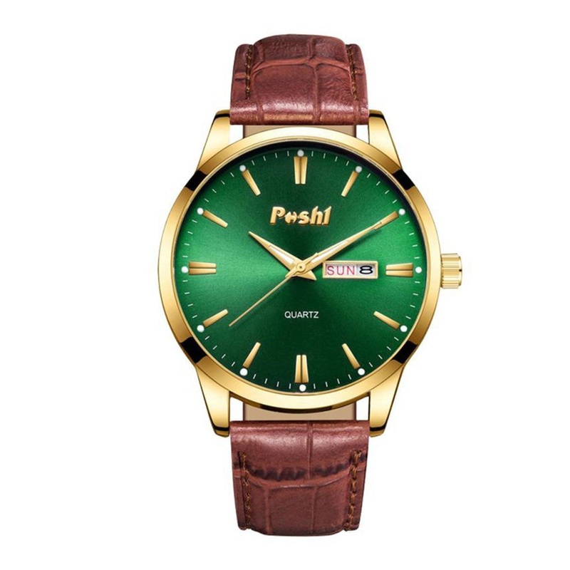 Poshi Men Round Dial Genuine Leather Strap Watch with Adjustable Clasp