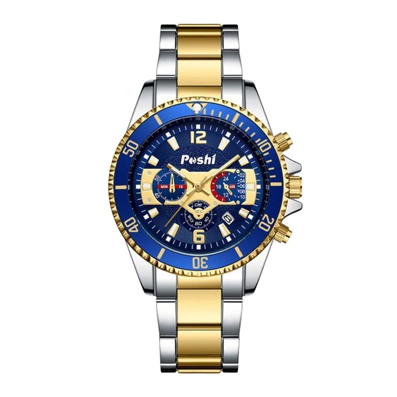 Poshi Men Round Dial Stainless Steel Strap Watch with Adjustable Clasp