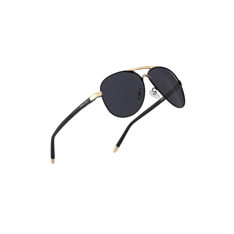 ROYAL SON Unisex Black Lens & Black Aviator Sunglasses with Polarised Lens