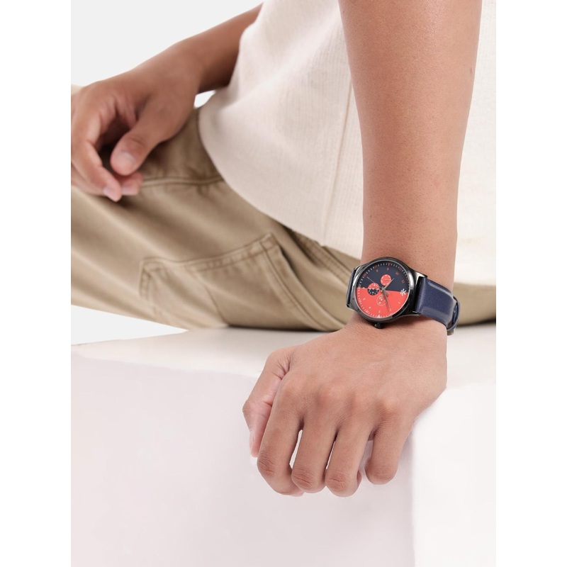 WROGN Men Brass Printed Dial & Leather Straps Analogue Multifunction Watch