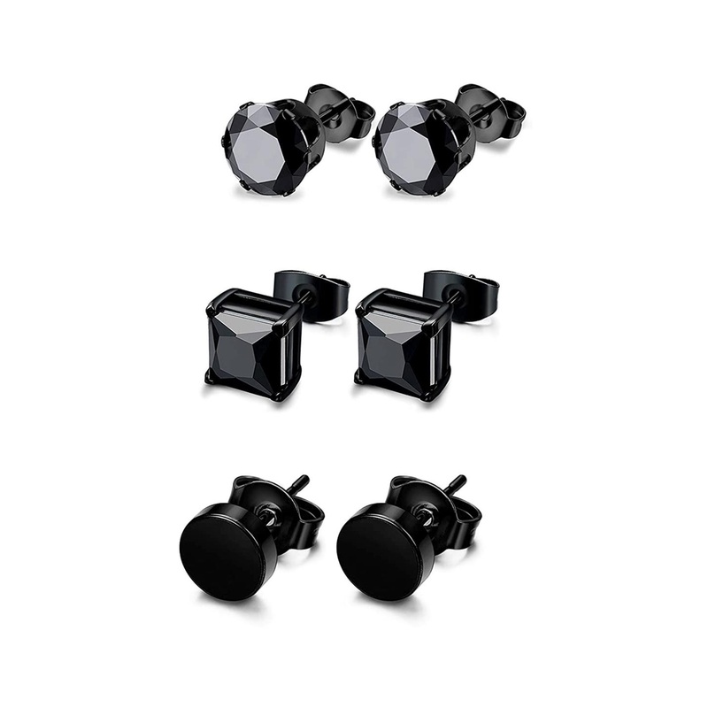 Yellow Chimes Set of 3 Black Stainless Steel Black Crystal Studs Earrings
