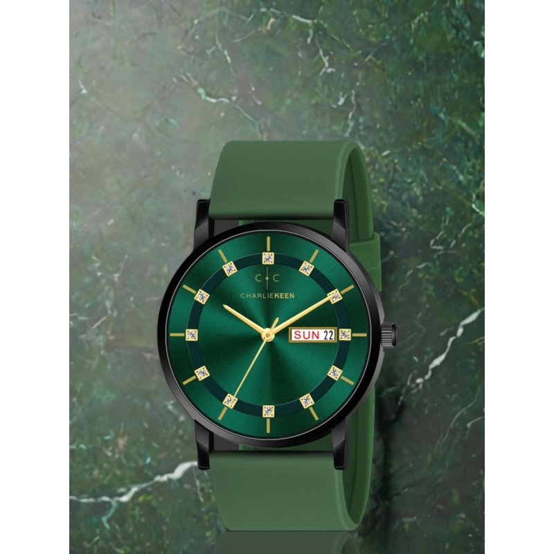 CHARLIEKEEN Men Brass Patterned Dial & Straps Analogue Watch CC-GR318-GRN-GRN