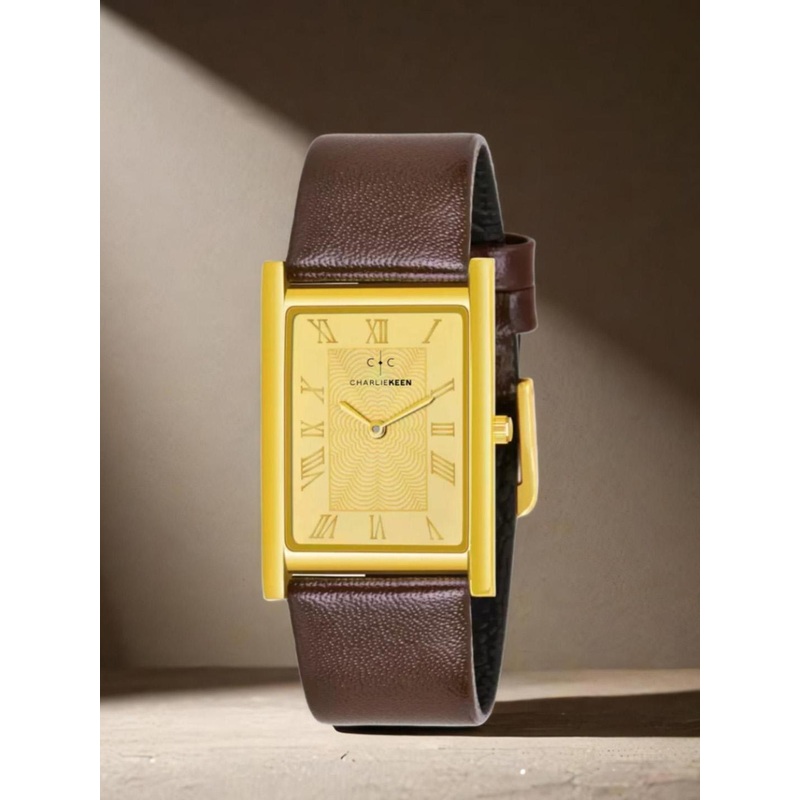 CHARLIEKEEN Men Brass Square Dial & Leather Straps Analogue Watch CC-GSQ214-GLD-GLD