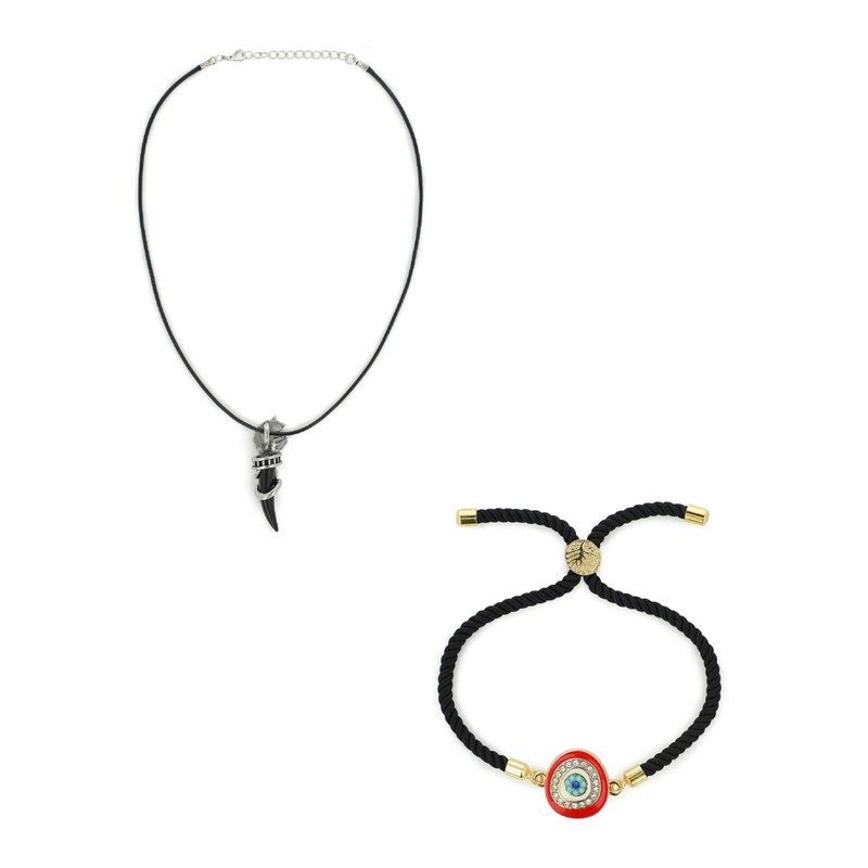 EL REGALO Unisex Black Evil Eye bracelet and Wolf tooth Necklace Jewelry Set