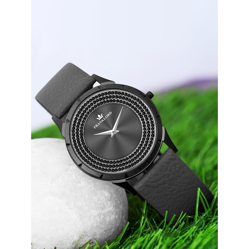 Franklord Men Diamond Studded Dial Leather Straps Analogue Watch F-141 BIKG