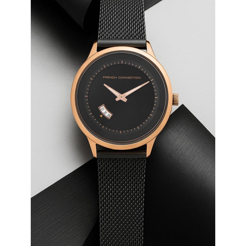 French Connection Men Black & Rose Gold Analogue Watch