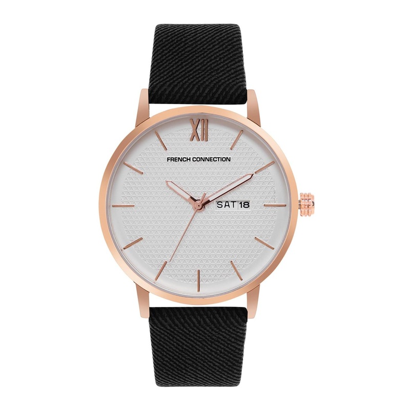 French Connection Men Rose Gold-Toned Dial & Black Leather Straps Analogue Watch