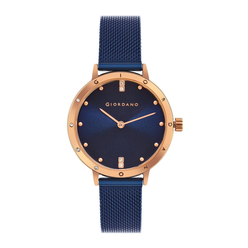 GIORDANO Analog Watch for Women with Rose Gold Case, Blue Dial and Blue Shiny Leather Strap