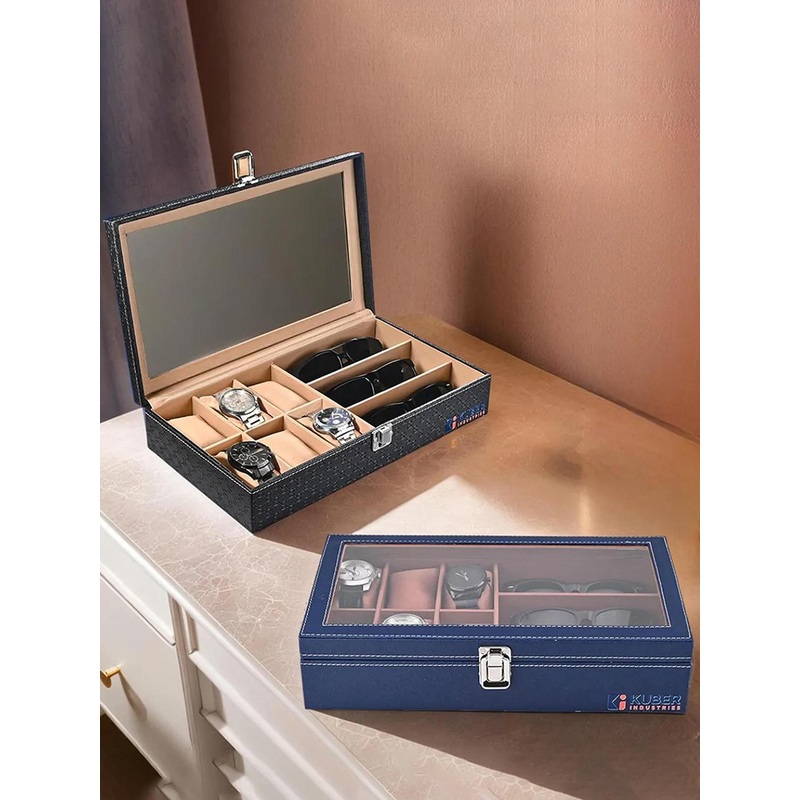 Kuber Industries 2 Pcs 6+3 Slots  Black Premium Faux Leather Wrist Watch Organisers box