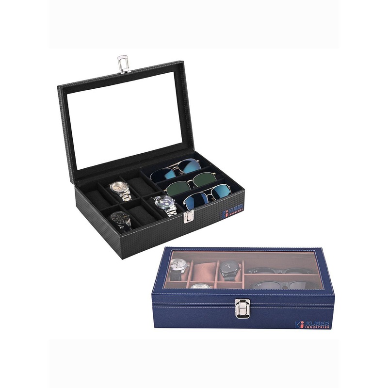Kuber Industries 2 Pieces Premium Faux Leather 6+3 Slots sunglasses watch organiser box