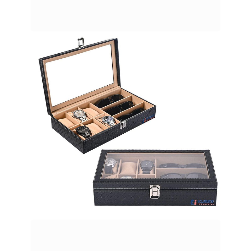 Kuber Industries Black 2 Pieces Premium Faux Leather 6+3 Slot Watch Organiser Box