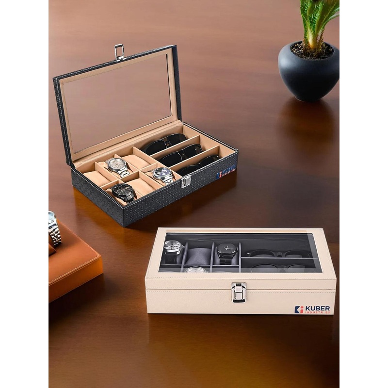 Kuber Industries Women 2 Pcs 6+3 Slots Leather watch box and sunglasses organizer
