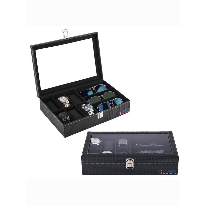 Kuber Industries Women Black Pack Of 2 Faux Leather 6+3 Slots Sunglasses Watch Box