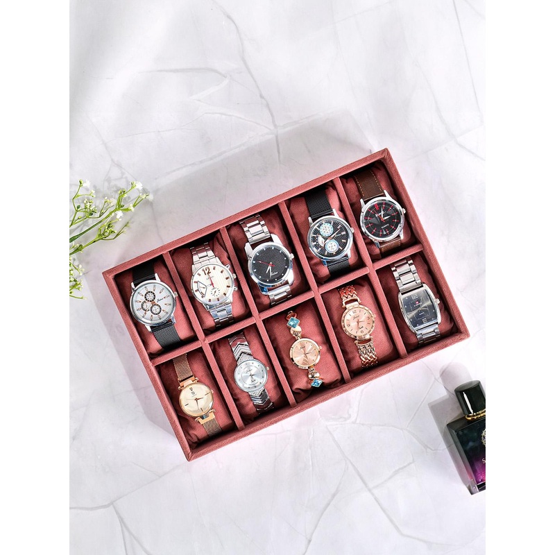 La Trove Unisex Pink Textured 10 Slot Watch Tray