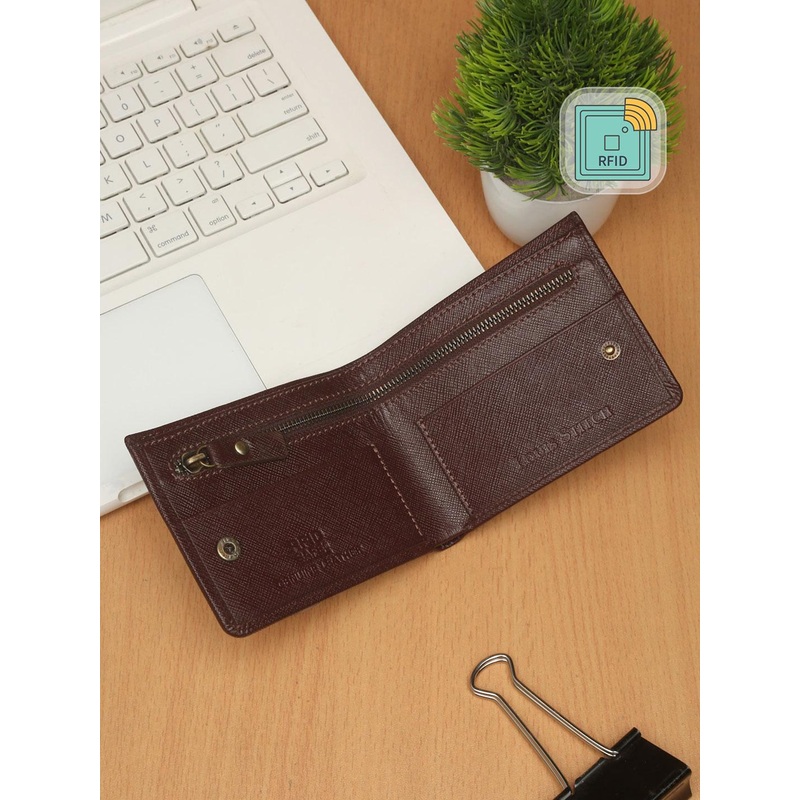 LOUIS STITCH Men Maroon Saffiano Leather Bifold Wallet with Zip Pocket and RFID Blocking