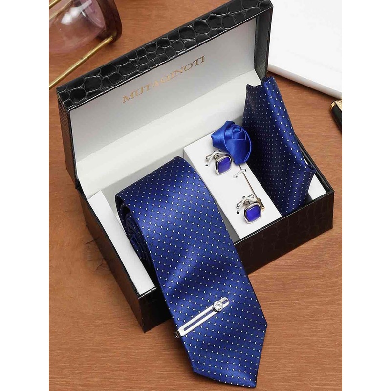 MUTAQINOTI Men Checked & Geometric Print Silk Blend Necktie Accessory Gift Set