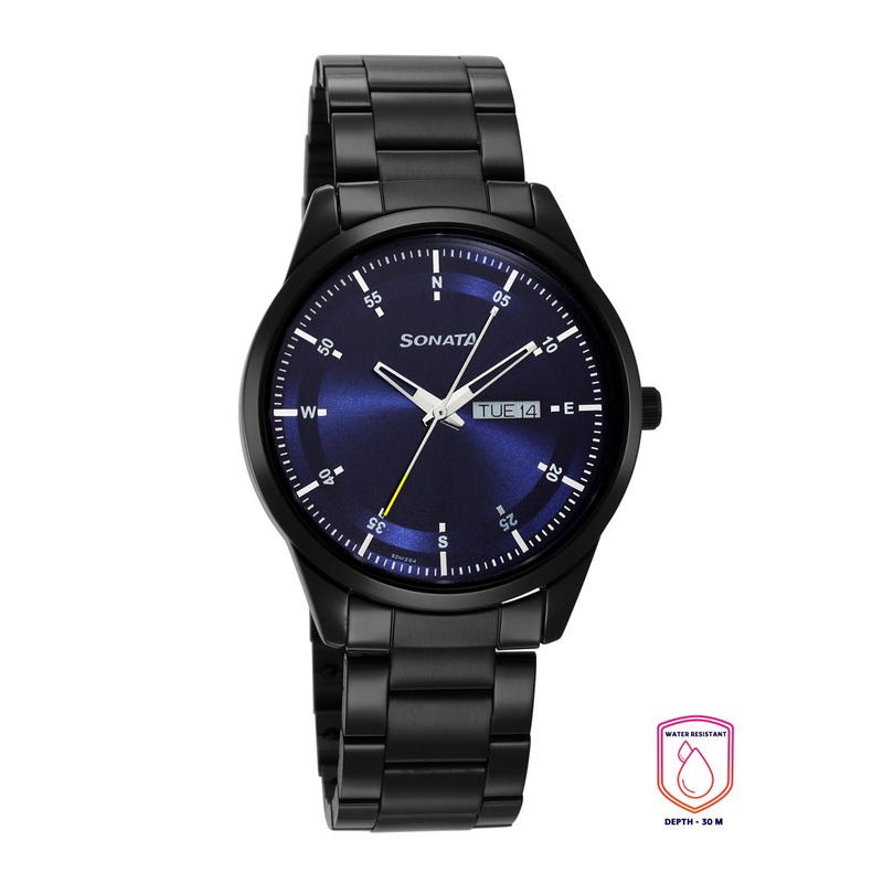 Sonata Men Blue Brass Dial & Black Stainless Steel Straps Analogue Watch 7146NM01