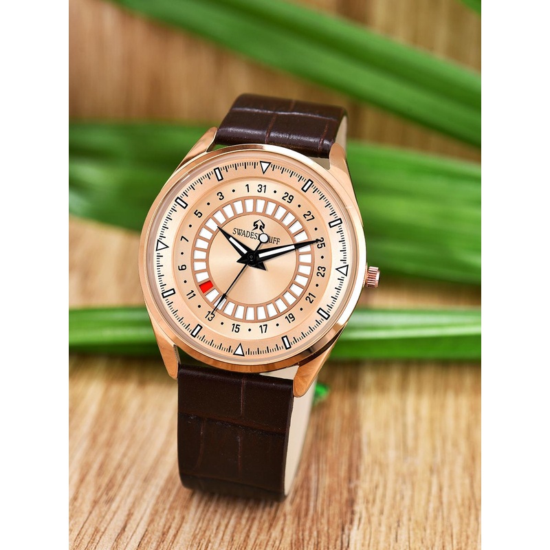 SWADESI STUFF Men Patterned Leather Textured Straps Analogue Watch SF0535 BROWN